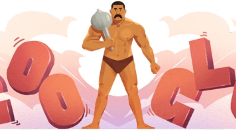 A cartoon drawing of Indian wrestler Gama Phelwan, wherein he$0027s wearing brown trunks and is holding a steel mace over his shoulder.