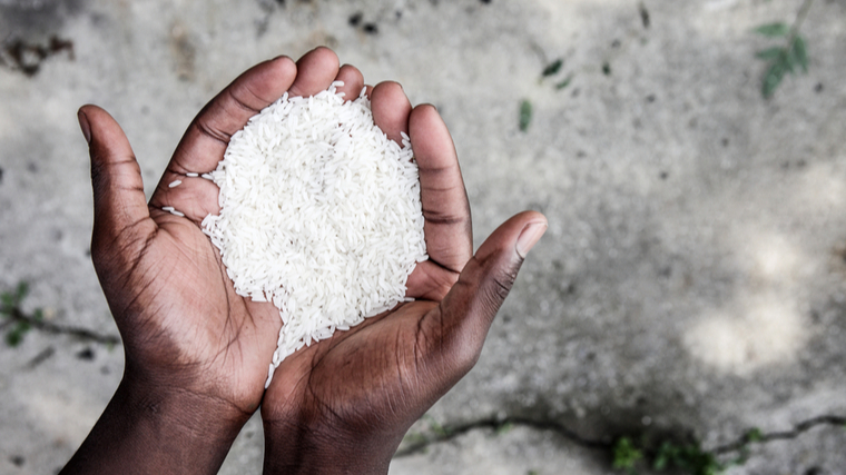 A person holds white rice in their cupped hands.
